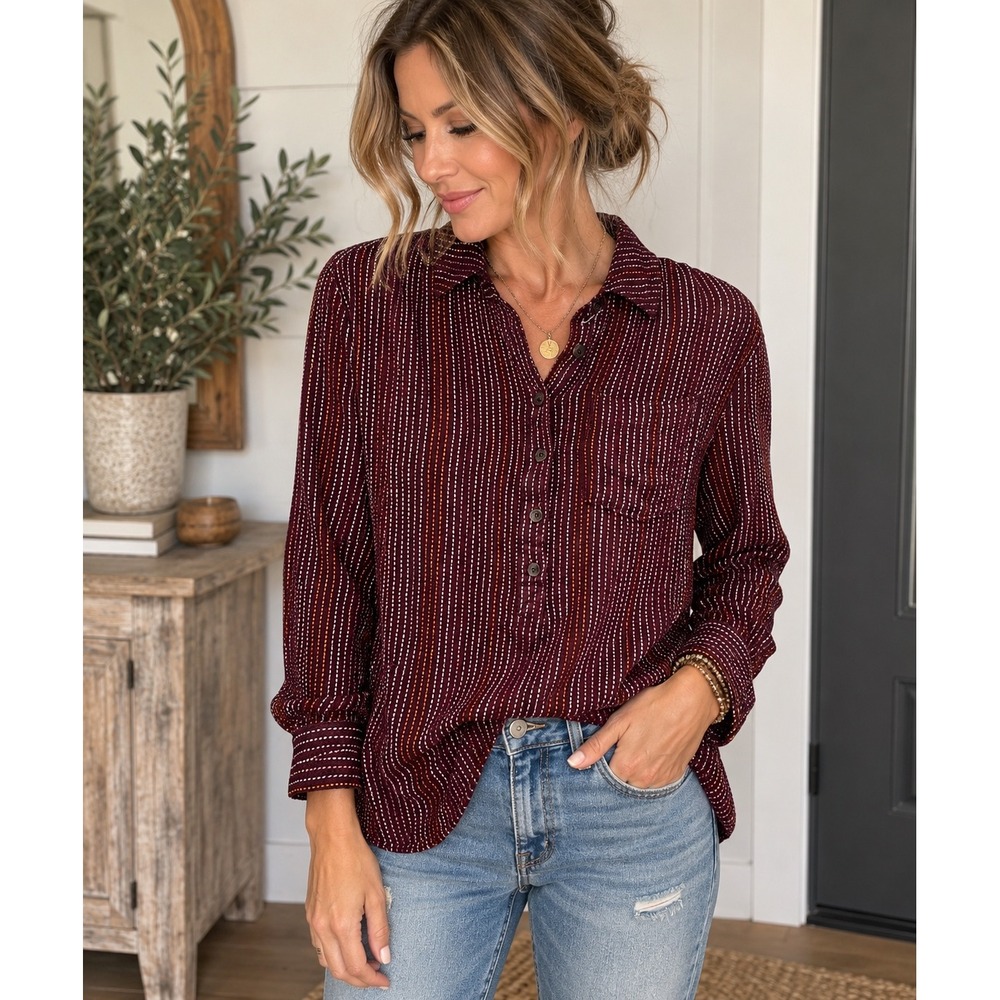 Anthropologie Isadora Button Back Tunic Burgundy Stripe Wool Blend Boho mwdium